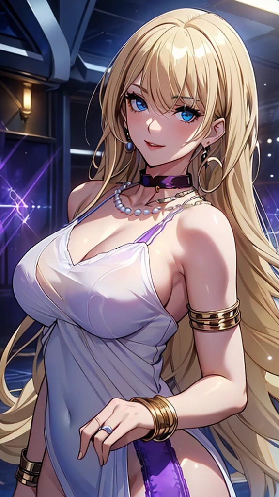 A masterpiece of the highest order, ultra high precision, ultra high image quality, 8K quality, realistic anime style, a woman, a perfect woman with the best anatomical and ergonomic face and body, a well-proportioned face and body, (((Long hair:1.3))), (((Blue colored highlights hair:1.2))), (((shiny Blonde hair:1.2))), (((long bangs:1.2))), a slim face, ((narrow deep clear Blue eyes:1.2)), (((deep glossy and shining eyes))), (((eyes with highlights))), (((very long eyelashes))), thin red lips, a tall and slender body, (very large and heavy breasts:1.4), tight waist, large hips, white skin, moist and lustrous skin, (((Sexy purple dress))), (((slit Lace Dress:1.2))), (((large earrings))), (((Pearl necklaces:1.2))), (((bangles, rings))), (((beautiful smile))), mysterious atmosphere, great presence, ((upper body, sexy pose))
