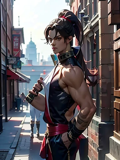 Mai Shiranui costume,    applied a very small amount of milk paint to his body、Cool handsome boy   , Tall,    ponytail,  sharp eye