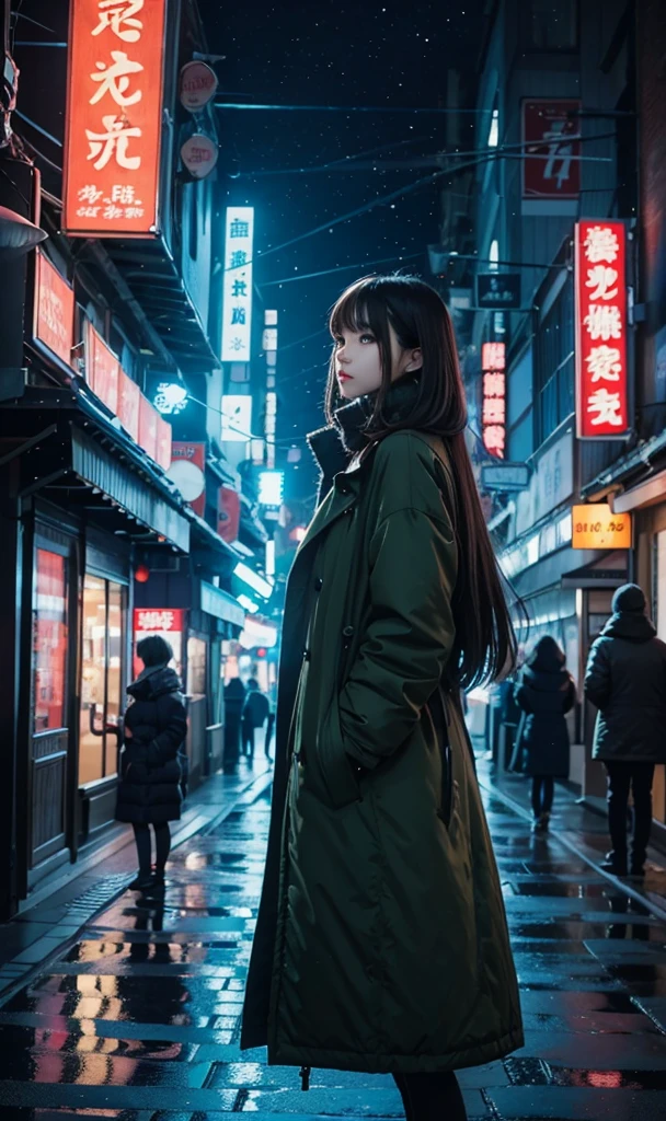  A beautiful woman is standing facing her side like a model,Manga style art  ,Manga style art  ,Manga style art  ,Manga style art  、Quiet city night view、neon、Winter coat、 muffler 、There is no one else、 high definition , masterpiece, 最 High Quality ,  MULTIPLE AWARDS ,  high detail,  high definition model ,  High Quality , 8k. upper body、 close-up、 close-up, 