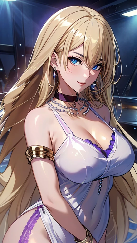 A masterpiece of the highest order, ultra high precision, ultra high image quality, 8K quality, realistic anime style, a woman, a perfect woman with the best anatomical and ergonomic face and body, a well-proportioned face and body, (((Long hair:1.3))), (((Blue colored highlights hair:1.2))), (((shiny Blonde hair:1.2))), (((long bangs:1.2))), a slim face, ((narrow deep clear Blue eyes:1.2)), (((deep glossy and shining eyes))), (((eyes with highlights))), (((very long eyelashes))), thin red lips, a tall and slender body, (very large and heavy breasts:1.4), tight waist, large hips, white skin, moist and lustrous skin, (((Sexy purple dress))), (((slit Lace Dress:1.2))), (((large earrings))), (((Pearl necklaces:1.2))), (((bangles, rings))), (((beautiful smile))), mysterious atmosphere, great presence, ((upper body, sexy pose))
