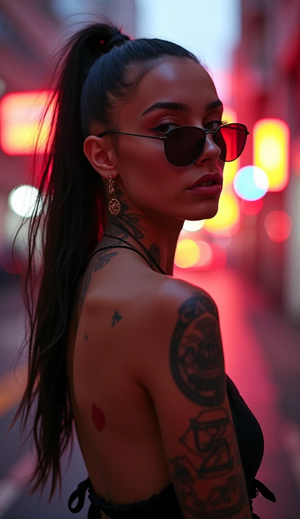 Full sleeve tattoos, A very realistic and highly detailed portrait of a beautiful Native American woman wearing sunglasses in the future New York City , full-body , ((Zendaya is a Native American woman)) , Indigenous dress  , long  hair, Hand and body tattoos, Fashion pose, Beautiful hazel eyes symmetrical detailed, detailed gorgeous face, Advanced Indigenous Environment , Integration of civilization populations with the technology of the future , outstanding detail, 30 MP, 4k, كاميرا كانون EOS 5D Mark IV الرقمية SLR, 85mm lens, sharp focus, intricately detailed, Long exposure time, f/8, ISO 100, shutter speed 1/125, Diffused backlight, ((award winning photograph)) , facing camera, looking into the camera, Monovision, Perfect contrast, high sharpness, facial symmetry, Depth-of-field, ultra-detailed photography, Raitsar, global illumination, Tanvertamim, downy, Ultra-High Definition, 8k, unreal engine 5, Ultra-sharp focus, award-winning photograph, trending on Artstation