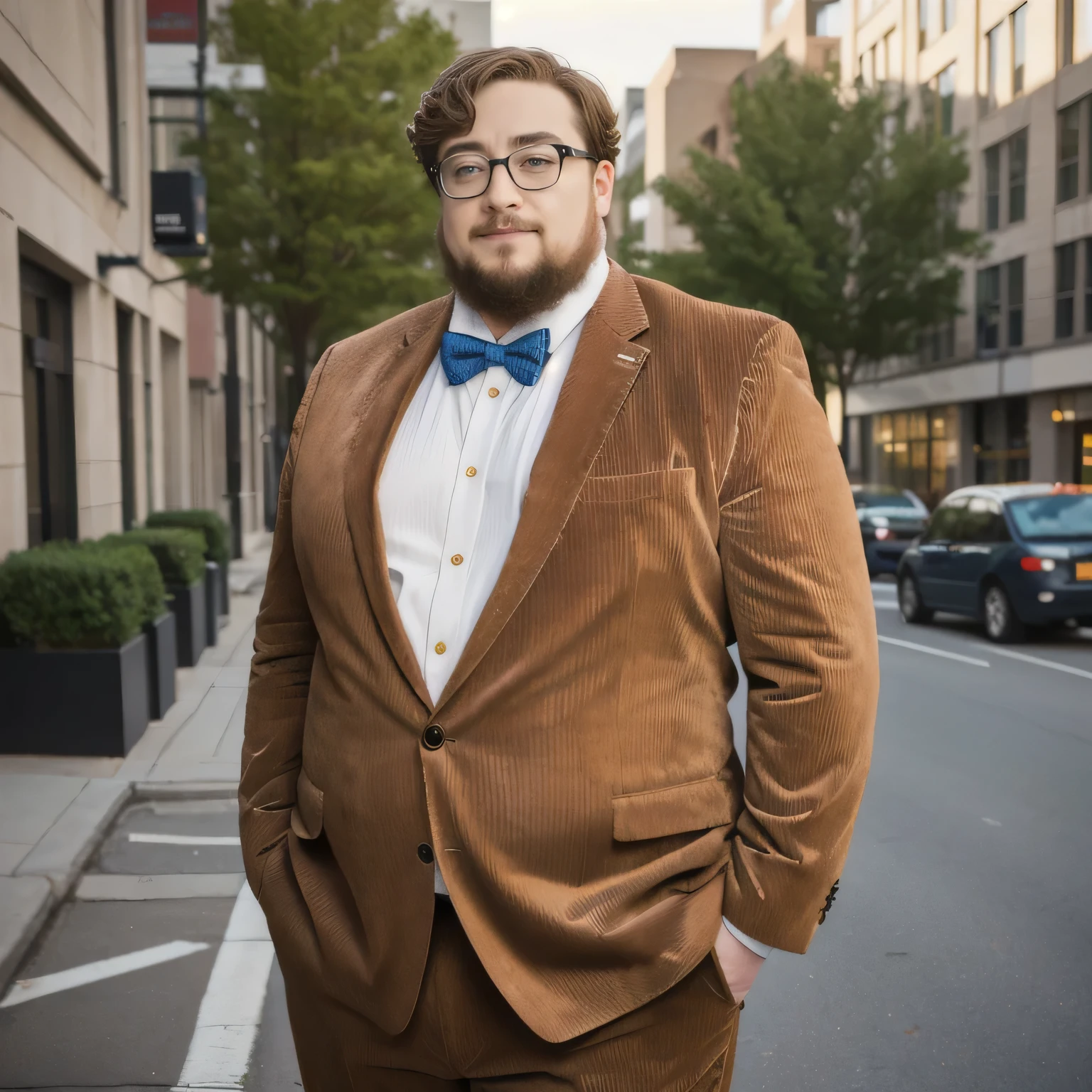 man in a corduroy suit and bow tie standing on the sidewalk, Slightly fat,Promotional photos, Commercial photo , outdoor business portrait , Sam Hyde in a light brown suit , suit with thick vertical stripes and wide lines , corduroy fabric ,
