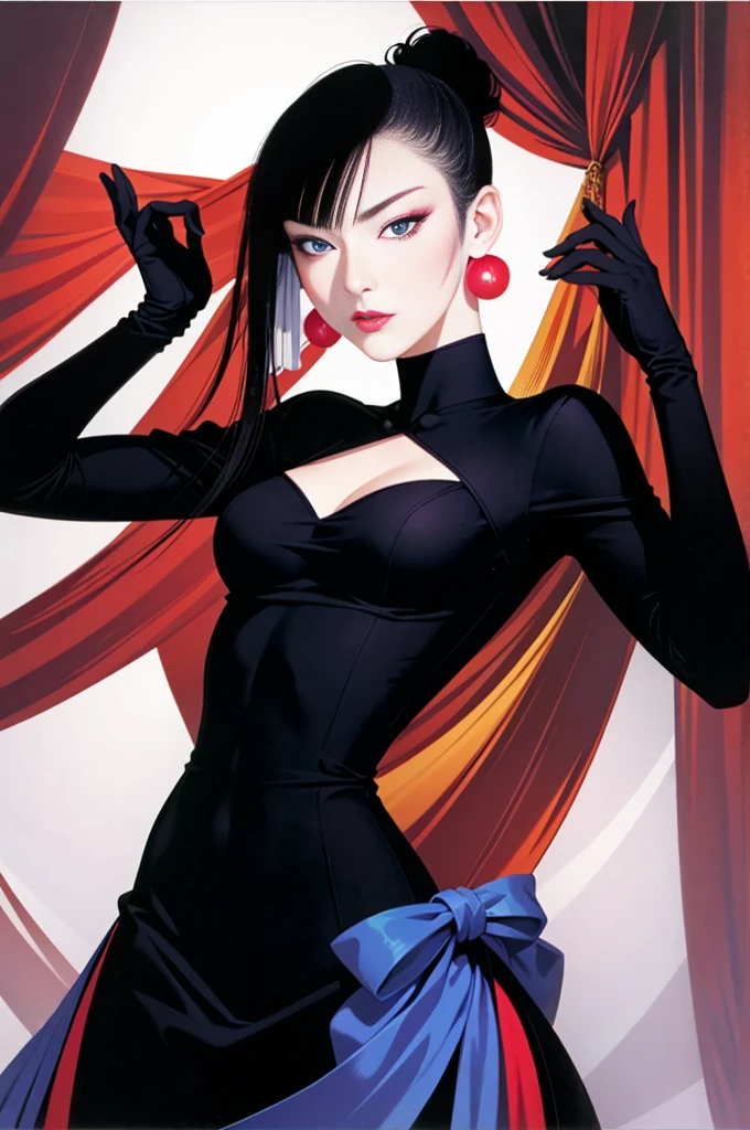 tsuruta ichiro, Narrow-eyed, 1girl in, Allback、shorth hair、brow、Reluctance、A dark-haired、Tucked Hair Solo, Cowgirl, Red dress,  ((mideum breasts)),  Thin slit eyes、blue grey eyes, Random colored hair, gloves, Dress,  Jewelry, earrings, sharp eye、Red Glove, elbow groves,Raise your hands and tie your hair back, random color, random color dress, From Side, makeup, Slender eyes、lip stick, Complex petal pattern, Rim Light, Back Light, pastel color,