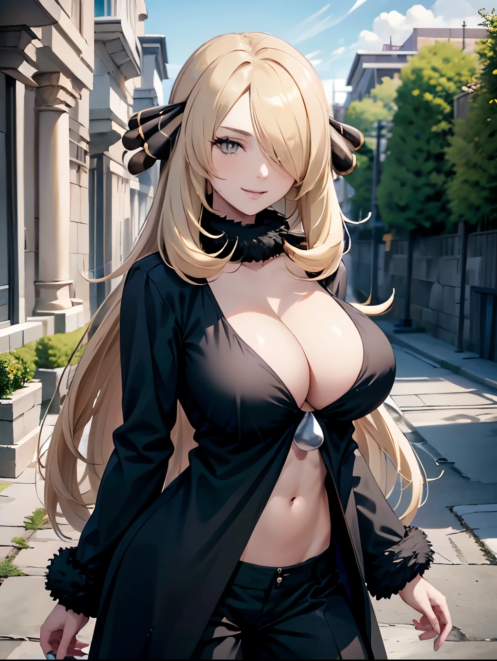 Perfect CG unity 8K UHD wallpaper, Perfect CG unity 8K UHD wallpaper, absurdres, best quality, 1girl, solo, looking at viewer, grey eyes, floating hair, defCynthia, blond hair, very long hair, hair over one eye, one eye covered, hair ornament, fur collar, smile, deep cleavage, black gown, long sleeves, black pants, outdoors, ((ancient ruins)), cowboy shot, large breasts, exposed navel, neckline all the way down