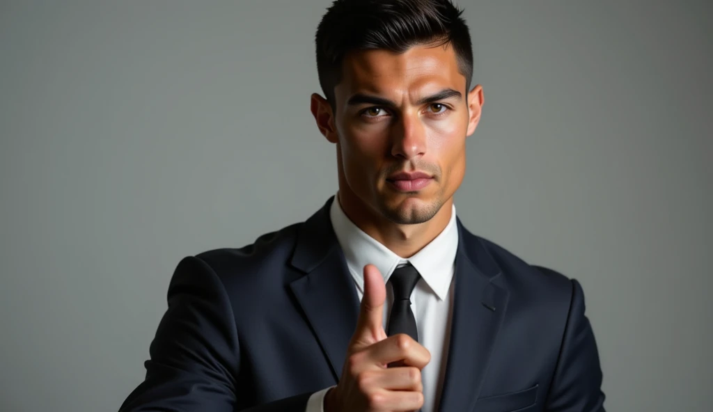 Full body portrait of Ronaldo in a suit, extremely detailed skin, pointing at viewer with an angry face.