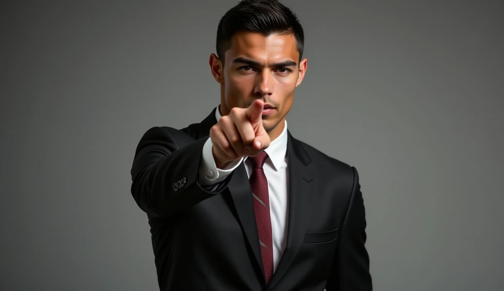 Full body portrait of Ronaldo in a suit, extremely detailed skin, pointing at viewer with an angry face.