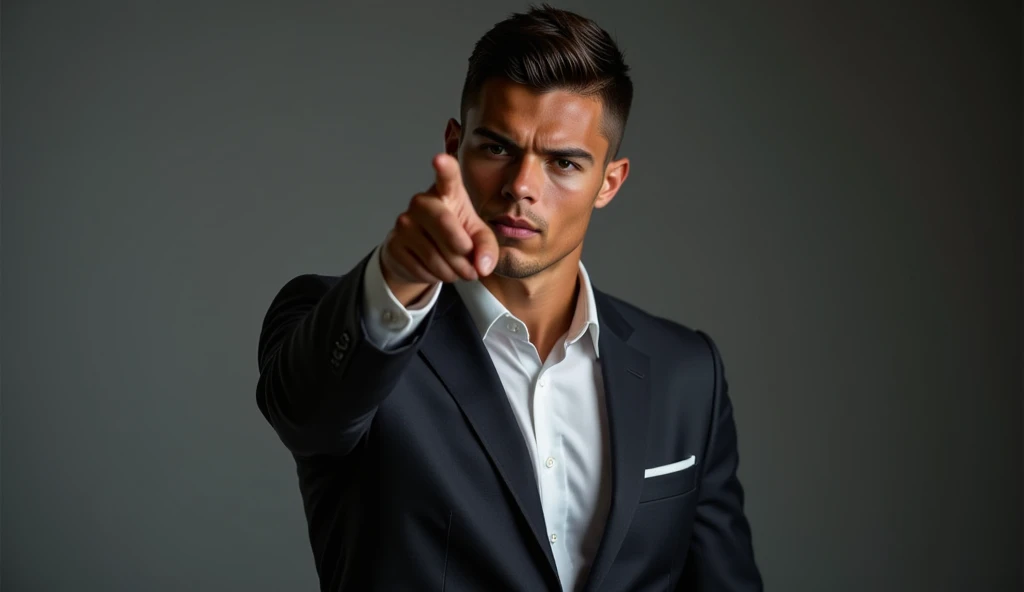 Full body portrait of Ronaldo in a suit, extremely detailed skin, pointing at viewer with an angry face.