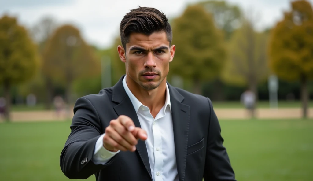 Full body portrait of Ronaldo in a suit, extremely detailed skin, pointing at viewer with an angry face outside in the park.