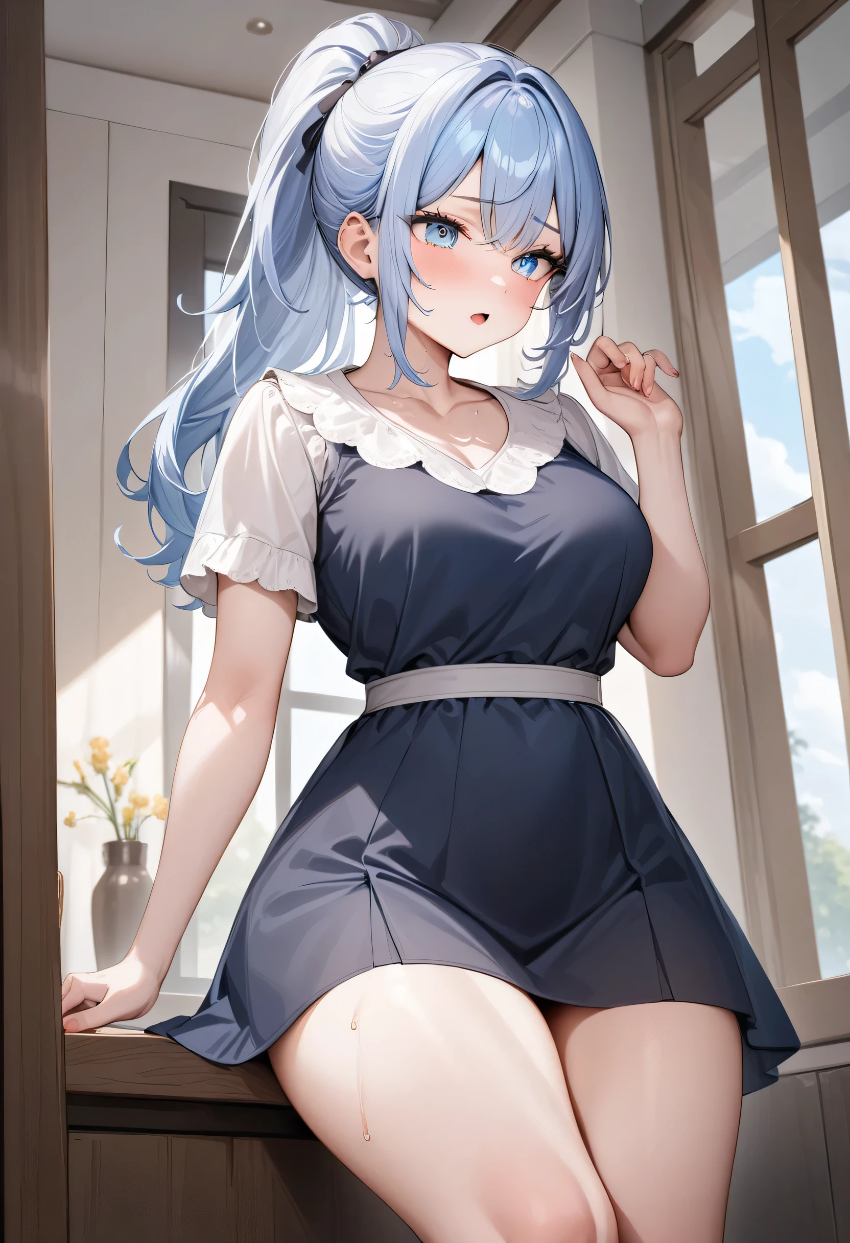 ((masterpiece)), (( best quality by the window)), transparent blue eyes,  blue hair ,  ponytail, soft skin,  cute , pretty,  attractive , mature, A dress that reveals the thighs