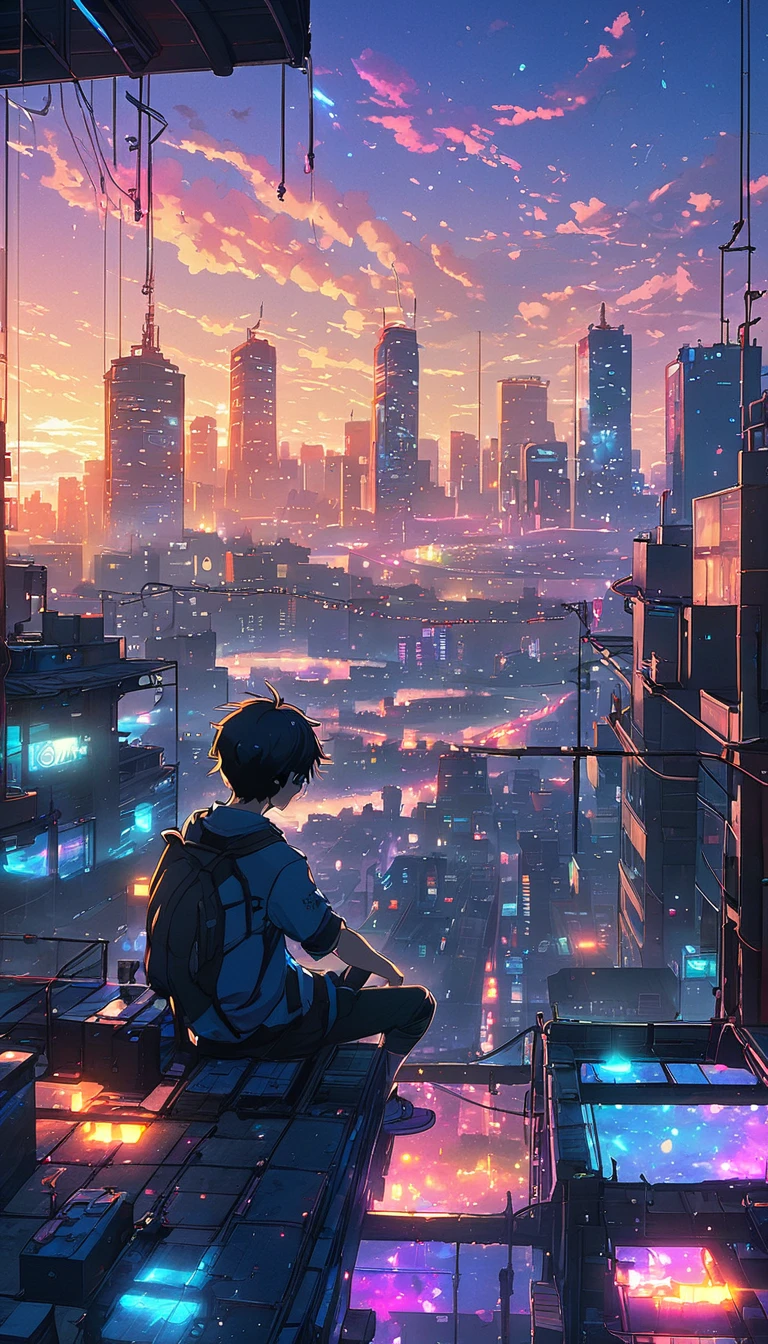 anime boy sitting on a rooftop watching the sunset, watching the sun set. anime, lofi artstyle, anime background art, anime style cityscape, beautiful anime scene, lofi art, in style of makoto shinkai, 4 k manga wallpaper, makoto shinkai cyril rolando, hd anime cityscape, ilya kuvshinov landscape, 4k anime wallpaper(bright colours)(brokeh effect)(glowing dots and firefly)
