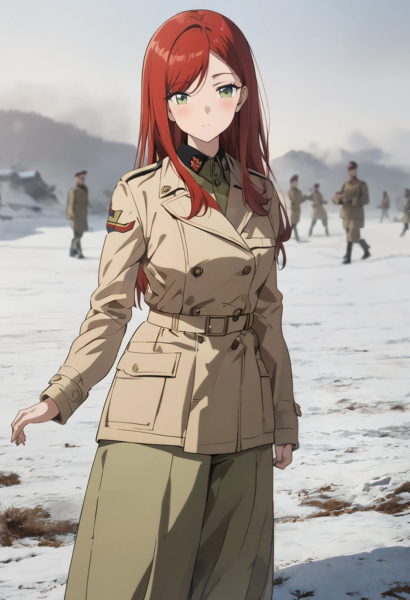 (masterpiece), Highest quality, 4k, ((anime style)), ((ultra-detailed)), 1girl, (red hair), (long straight hair:1.2), (short bangs, left-parted bangs, and right hard swept bangs:1.2). (applegreen eyes:1.2), (large breast:1.1), (beige trench coat:1.3), (khaki uniform), (british army officer:1.1), (wide-leg pants:1.2), snow field,