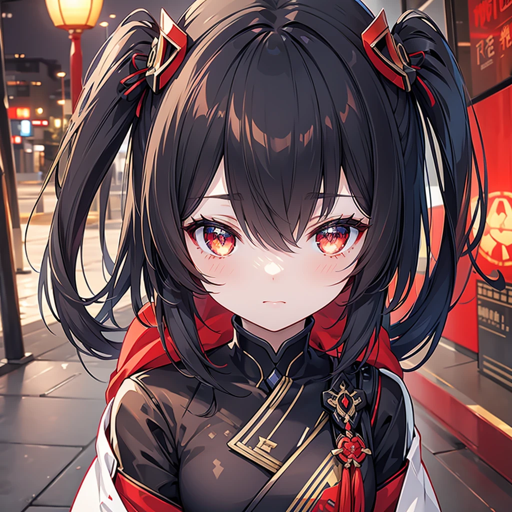 ((masterpiece)), ((best quality)), (ultra-detailed), (illustration), ((an extremely delicate and beautiful)),extremely detailed CG unity 8k wallpaper,detailed background,(by exquisite colors block),(upper body),(by exquisite colors block),chinese,close-up,
(1girl:1.4),(solo:1.3),(Hu Tao:1.3),(young girl:1.3),(black hair),red eyes,((flat_chest)),beautiful detailed eyes,(Quincunx shape pupil),((gradient eyes)),Long hair,(twintails:1.2),
((chinese clothes,china dress)),
(snow),snowfield,[snowflakes],(chinese style architecture:1.2),winter, (plum flower:1.1),
ray tracing,reflection light,