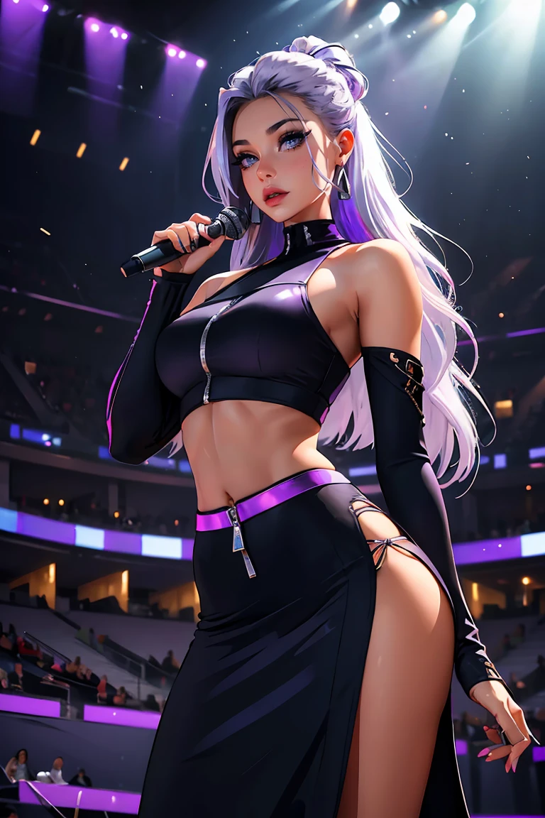 Goddess ((goddess-like woman)), slim elegant silhouette, masterpiece, (close angle), best quality, sweet face, (masterpiece:1,2, best quality), (real picture, intricate details), (1 lady , solo, medium , slim waistline, ), (blue eyes, silver purple hair, multicolored hair, white streaks, long hair:1.4) she has an impressive presence, bracelet, hoop earrings, beautiful face, beautiful eyes, she Wears a Zipper Cropped Sweater and hip-high long black skirt with a slit on the side, , z1pp3rsw3at3r, ruch3dband3aus3t,, bare shoulders, midriff, off shoulder, sleeves past wrists, zipper sweater midriff, high heels,long skirt, slit, strappy heels, Background: large concert hall, concert hall full of people, she is holding a microphone in her hand, she is a pop star/singer and is performing on a stage, she is completely in her element and feels the magic of music,bokeh