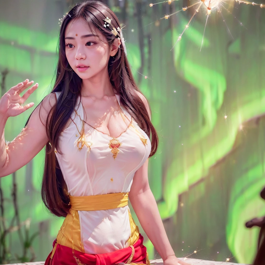 (masterpiece,(Big cleavage), like jennie kim face, Distinguished Quality,Mirror-like,Cinematic Experience,insanely detailed,absurdres),8k,wallpaper,(Ray Tracing),1 female,korea face,Beautiful Shii girl,(God the Lady of Light is floating in the air:2.0),(front:2.0),(A body made up of white light particles:2.0),break(stright long Hair:2.0),(White skin:2.0),Portrait of a goddess,(god々Shii:2.0),(fantasy digital art:2.0),(Upper body close-up:2.0),(super sexy:2.0),(Diffuse reflection of light:2.0),break(The background is a beautiful Aurora:2.0),(Beautiful face,Detailed face,The soft, smooth texture of the skin:1.3,Beautiful Hair),(Detailed hands:2.0),(Beautiful hands:2.0,  wearing sexy kebaya