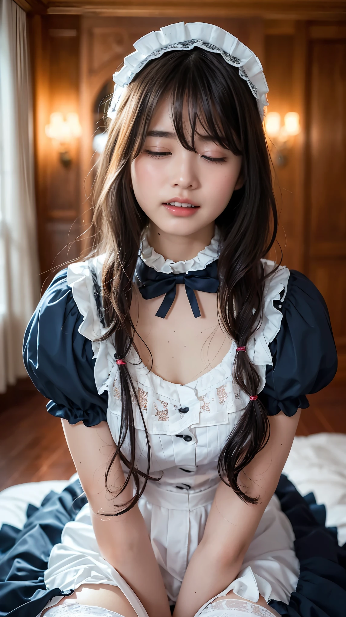 In a hotel room, 18-year-old, On the bed, ((On all fours、Insert、Deep joy、Ecstatic eyes:1.2),(Side view:1.5), Despair, ((Gasping hard:1.2))、Ecstatic face、I am going to cry、Climax expression、look up、Staring at the ceiling、My whole body is convulsing, A beautiful and cute gothic lolita girl wearing frilly lace stockings, ( A lovely sweet face), 巨大なCleavage、Thighs,、Gothic Lolita Head Dress, Gothic Lolita Fashion、Frilled Skirt、Glowing Skin、Cleavage、Lots of frilly socks、Official Art,Highly detailed CG Unity 8k wallpaper, (masterpiece:1.0),(highest quality:1.0), photo shoot, 8k, Browsing Caution, High resolution, Kodak Portrait 400, Film Grain, Lens flare brilliance,View your viewers