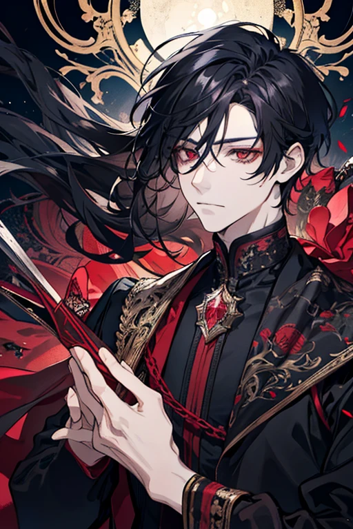 1 male, adult,  handsome,  calm , red eyes,  detailed eyes ,  messy hair,  black hair,  fantasy,  Intricate Pattern ,  detailed face , Dark Wizard, Medieval period、 yandere