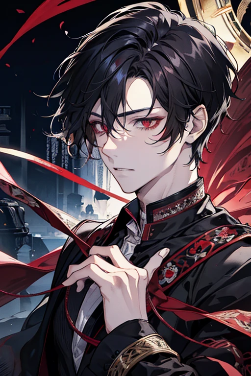 1 male, adult,  handsome,  calm , red eyes,  detailed eyes ,  messy hair,  black hair,  fantasy,  Intricate Pattern ,  detailed face , Dark Wizard, Medieval period、 yandere