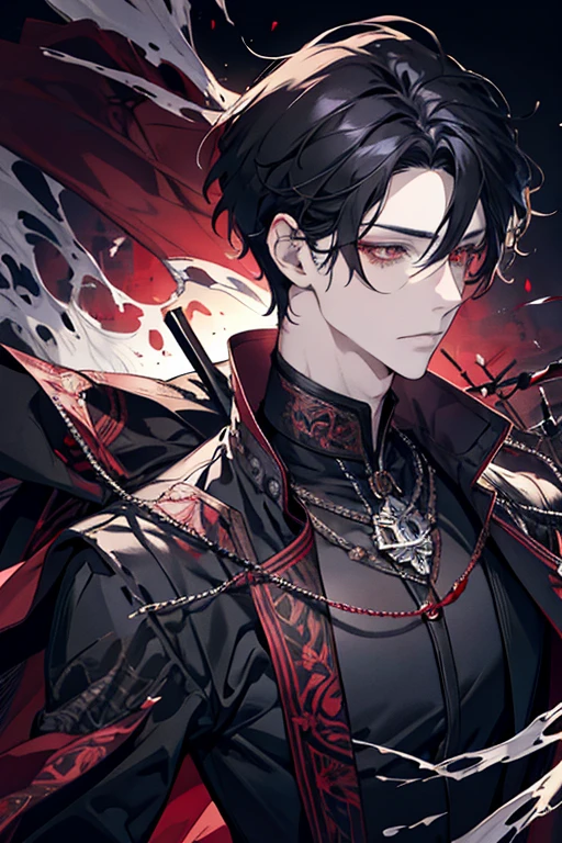 1 male, adult,  handsome,  calm , red eyes,  detailed eyes ,  messy hair,  black hair,  fantasy,  Intricate Pattern ,  detailed face , Dark Wizard, Medieval period、 yandere