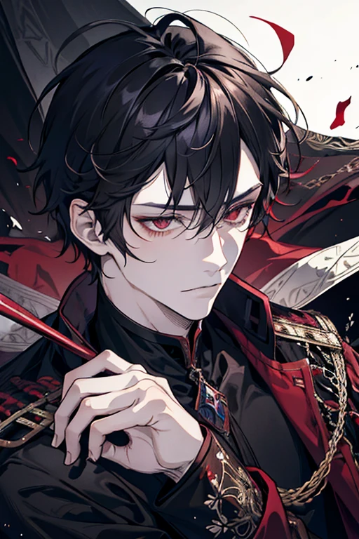 1 male, adult,  handsome,  calm , red eyes,  detailed eyes ,  messy hair,  black hair,  fantasy,  Intricate Pattern ,  detailed face , Dark Wizard, Medieval period、 yandere