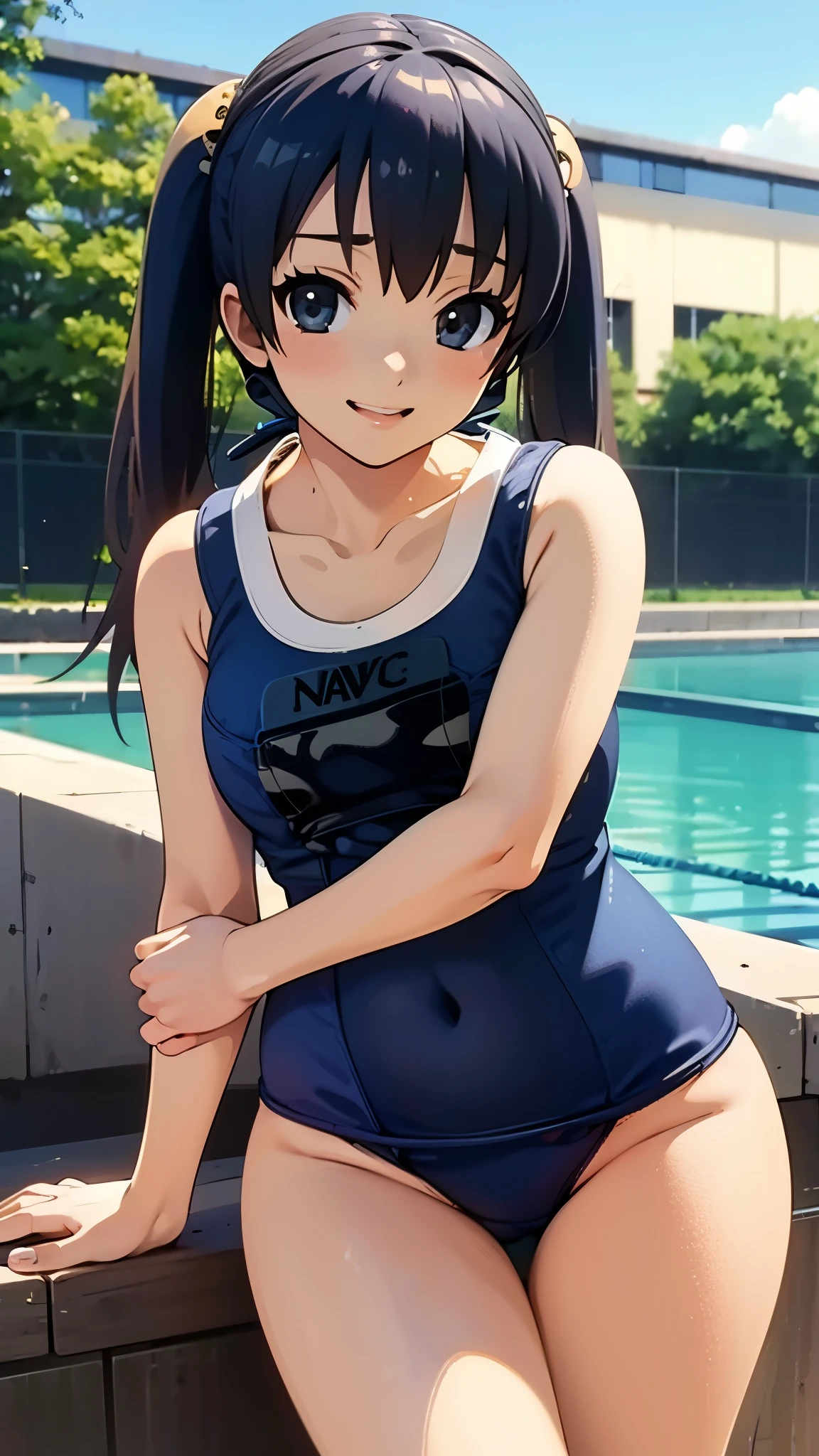 1 female, focus face, outdoor, poolside, wearing (one-piece navy blue school swimsuit1:2), busty, blush, shy, anime style, orange hair1:4, break high bridge1:8, BREAK super straight hair, BREAK long side twin tails1:6,(best quality,4k,8k,highres,masterpiece:1.2),ultra-detailed,(realistic,photorealistic,photo-realistic:1.37),detailed face, detailed eyes, detailed lips, long eyelashes,