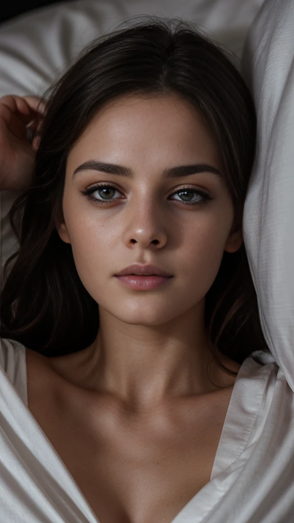 Femme brune en sous vêtement en dentelle sur un lit avec des draps en satin