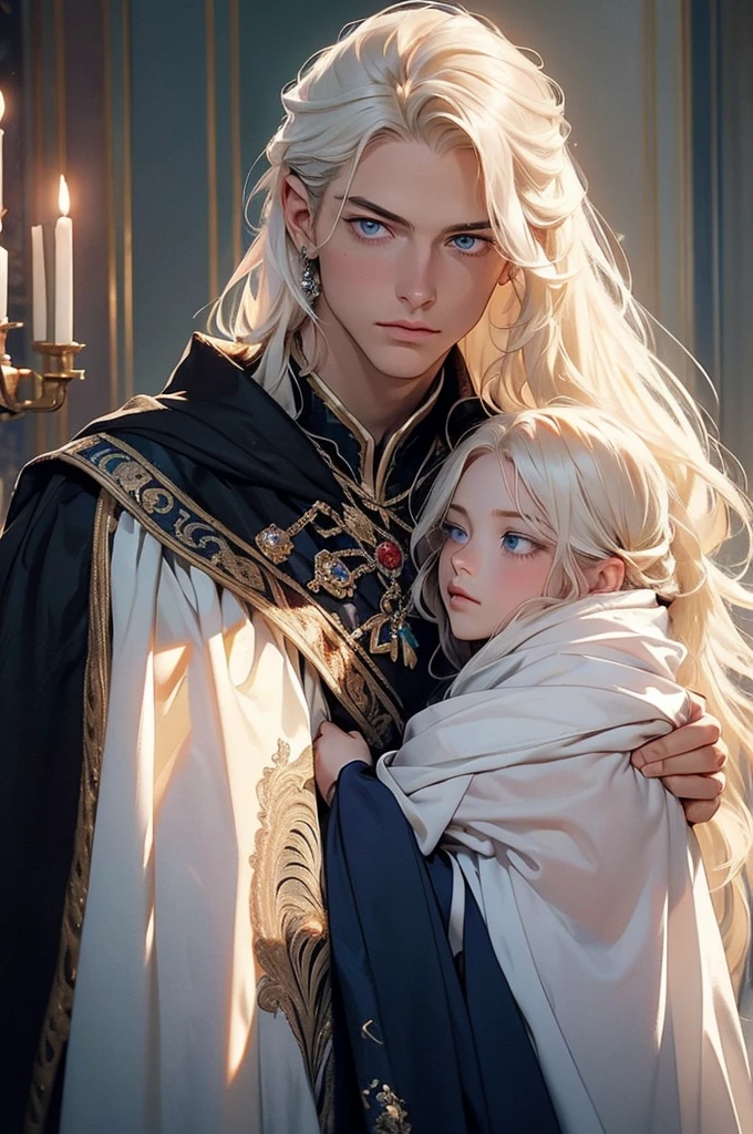 The picture shows a couple: a man and a woman. 1 man (Tall, handsome, athletic build, statuesque, courageous young male king, platinum blonde with blue eyes, long straight platinum hair, dressed in royal attire), carries in his arms a sleeping 1 woman (an incredibly beautiful young femme fatale with long golden hair, blue eyes, she is wearing a princess dress). Masterpiece, detailed study of the face, beautiful face, beautiful facial features, perfect image, realistic shots, detailed study of faces, full-length image, 8k, detailed image, extremely detailed illustration, a real masterpiece of the highest quality, with careful drawing.