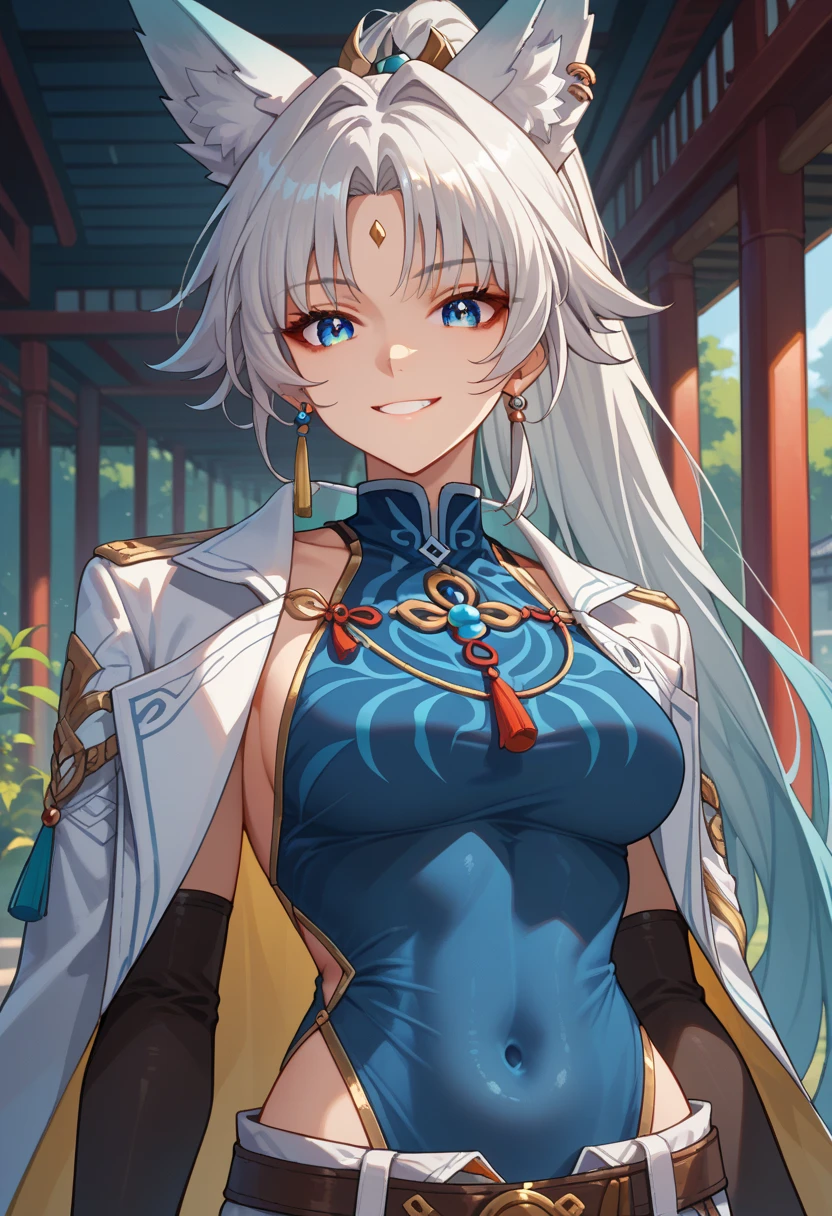 score_9,score_8_up,core_7_up, feixiao-hsr, 1girl, animal ears, solo, looking at viewer, gloves, blue eyes, breasts, fox ears, long hair, smile, jewelry, earrings, animal ear fluff, covered navel, belt, ponytail, bangs, facial mar 