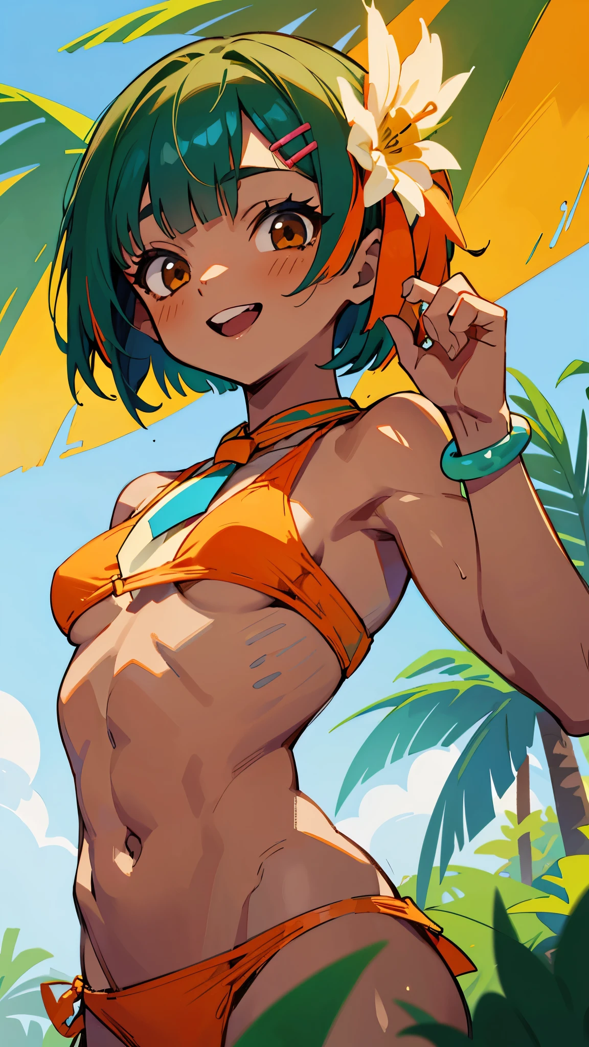 beautiful illustration, best quality, jungle, waterfall, bokeh, light particles, dust particles, sun rays, tyndal effect, fantasy, leaves, jungle trees, tropical flowers, 1girl, dark skin, small breasts, tribal, tribal tattoo, short hair, short ponytail, green hair, forehead, green eyes, smile, open mouth, teeth, messy hair, hand on hip