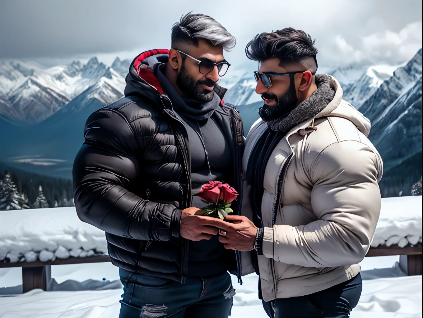 indian muscular daddy Arjun khanna gay couple hunk proposing to each other, Arjun khanna give red rose flower to another man and another man hold red rose in hand snow flakes stuck in indian daddy beared and hair. perfect angel view, two indian beared daddy muscular hunk wih sexy lips weared snow sunglasses with fluffy snow jacket doing proposing in hilly snowing mountain, snow falling, snow flakes stuck in beared and hair. masterpiece    bodybuiler indian wrist bands with spiky hairstyle weared snow fluffy jacket with black cargo standing on snow mountain with full spread legs, His perfect( big huge bulge) of his pant,masterpieces 