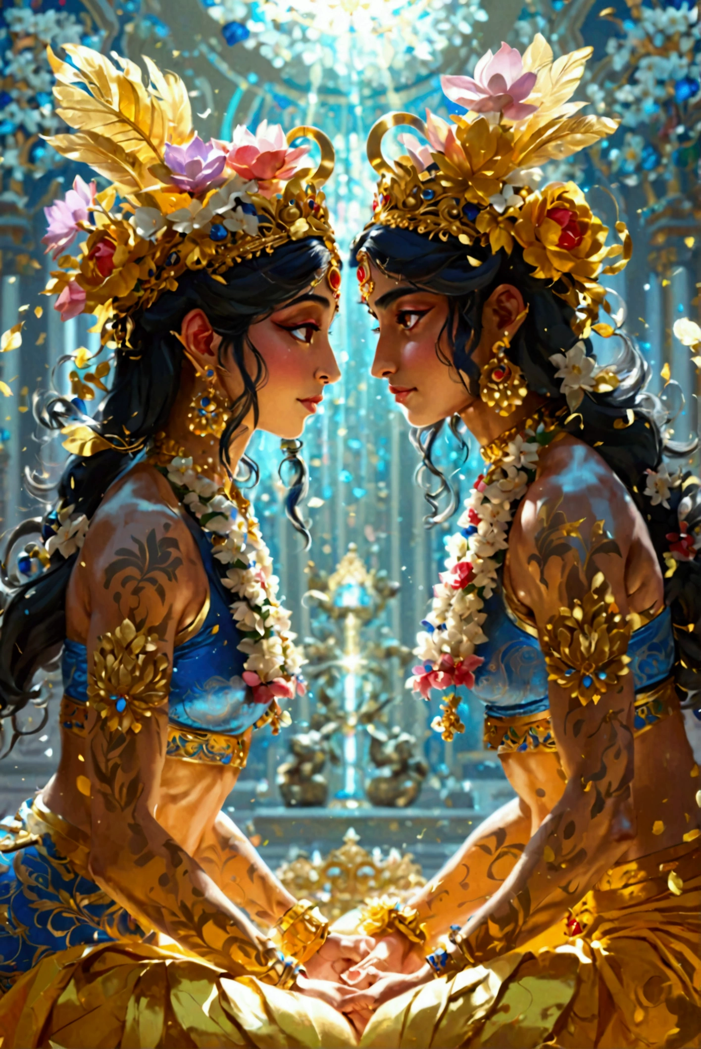 ((realistic:1.5)),((best quality)), ((masterpiece)),((detailed)), (2girls), conjoined, 2heads, multiple limbs, multiple legs, {a beautiful female wearing a Sari}, (upper body:1.3),super-wide-angle lens,face focus, mature,sexy,toned muscles,long legs,curvy,barefoot,oversized firm breasts,open cleavage,drooping breasts,thick thighs,wide hips,thin legs,green eyes,long black hair,floting hair,long eyelashes,(detailed face,beautiful eye,detailed pupilss,detailed clothes features,clear background:1.3),(Bindi,Jhumkas:1.3),(Armlet, Haar, Payal,Maang Tikka,Jhumkas,Kamarband,Bangles:1.3),mysterious ancient ruin, lush forests, deep canyons,bridge,river,cliff,cloud, lakes,rock,waterfalls, flowers, grass, fog,vine,tree, smoke,best shadow,bright details,sharp,perfect composistion, Intricate, Sharp focus, dramatic, by Frank Frazetta,by Julie Bell,by Olivia De Berardinis,by Luis Royo,by boris vallejo, (specular lighting:1.3),rim light,princesses,princesses playing with water,royal skimpy underwear,random royal color,laying on the floor,queen spooning princess,hand on underwear,thirsty face,erotic face,lips open,almost undressed,underwear slid down,female bodyguard with sword,gasping,breathing hard,visible slit,wet princess