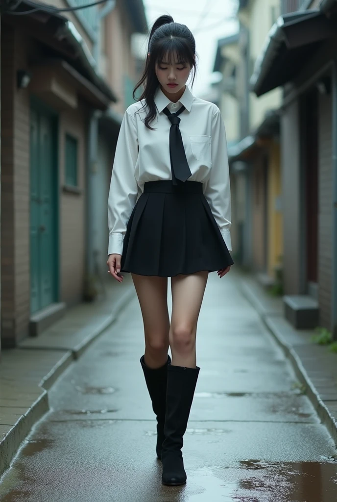 Picture a Korean woman walking in black suede long boots filled with ...