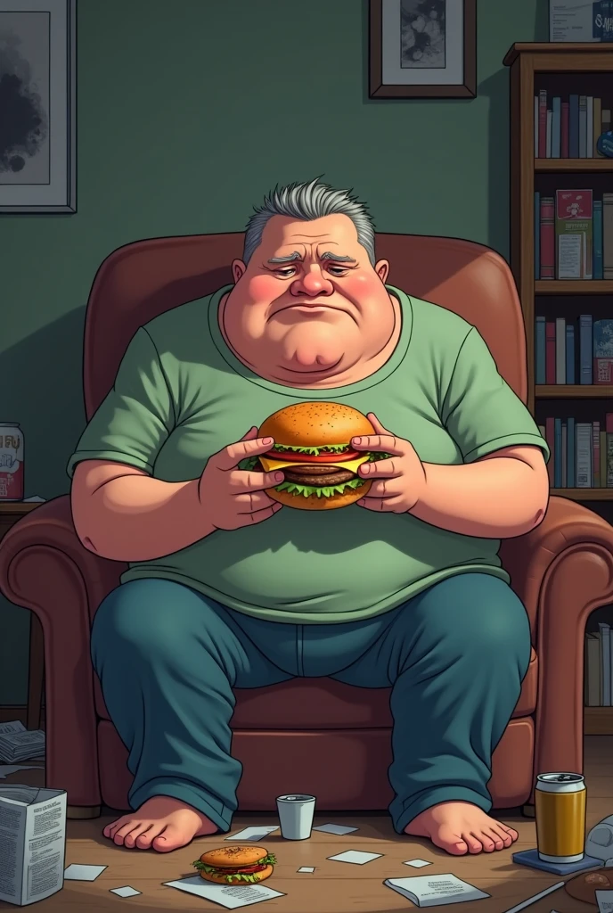 A fat person ( think of a man or woman of about 30 years old ) eats a fast food sandwich while in the living room of the house. The environment is messy , with scattered paper and cans . The person's face is tired and devoid of energy , looking at their hands clutching food . A simple picture to draw