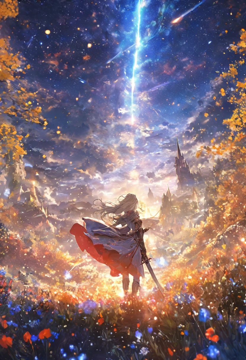 masterpiece,  concept art in the lower right corner of the line of sight,  panorama, in the center, shape,  wide shot,  1 girl, garden,   knight , (meteor), Space galaxy background, ( great composition,   Epic Proportions ), Dynamic Lighting,  bright color ,   momentary girl with long gray hair、Snowdrop