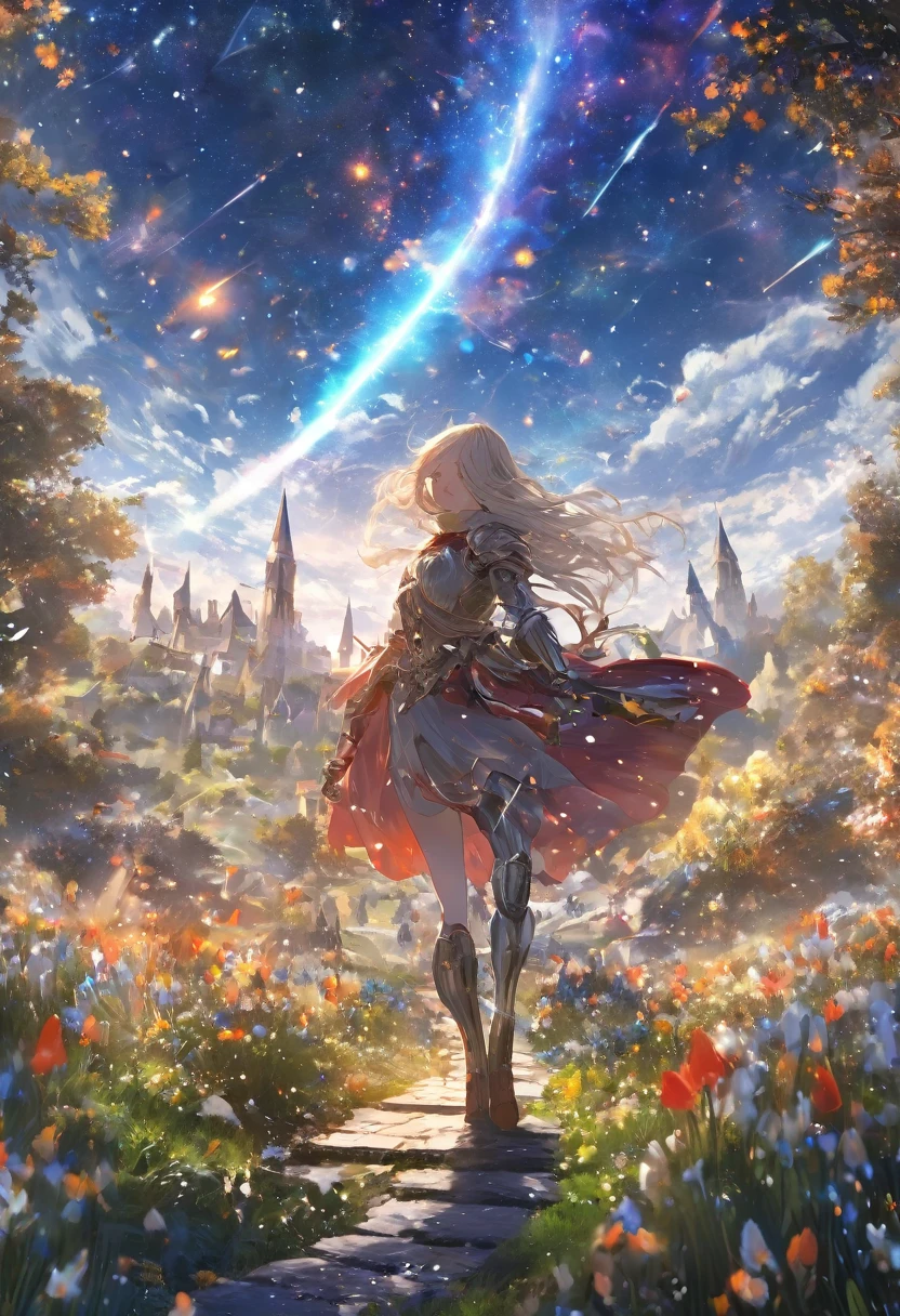 masterpiece,  concept art in the lower right corner of the line of sight,  panorama, in the center, shape,  wide shot,  1 girl, garden,   knight , (meteor), Space galaxy background, ( great composition,   Epic Proportions ), Dynamic Lighting,  bright color ,   momentary girl with long gray hair、Snowdrop