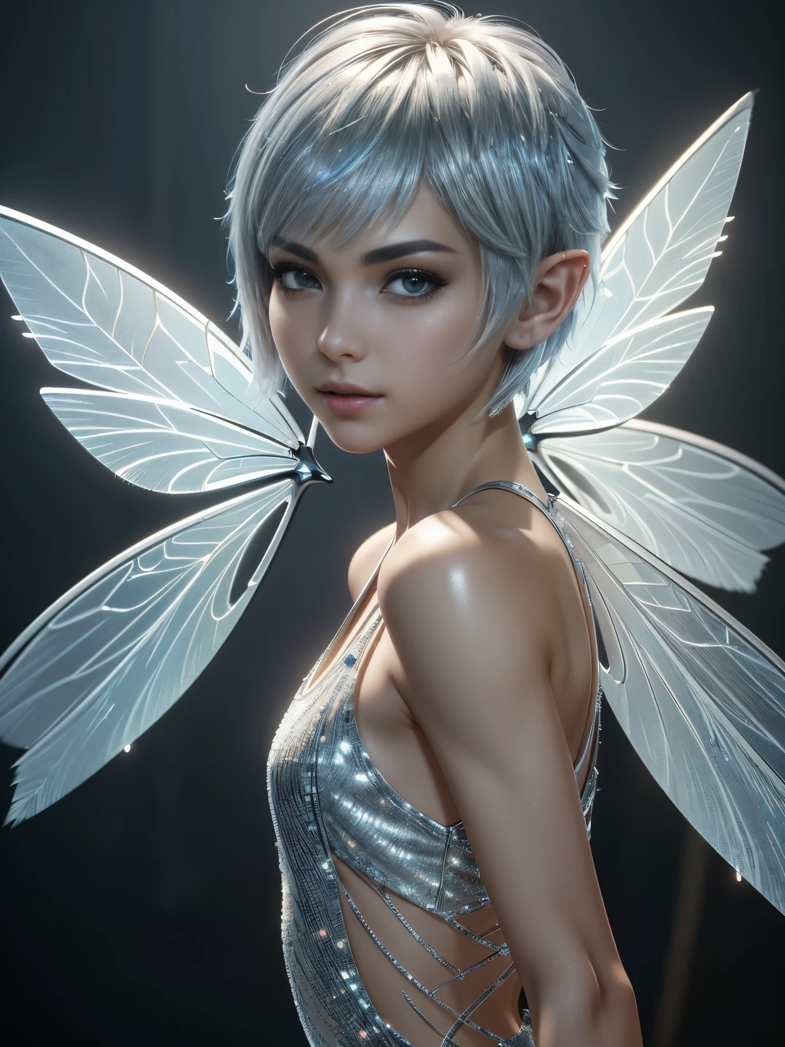 (Extremely detailed CG 8k unity wallpaper, work of art, best qualityer, ultra detali), (better lighting, best shade, extremely delicate and beautiful), Cool, dynamic, and original young character with a (dynamic pose) and silver (pixie cut hair: 1.3) that reflects light beautifully.