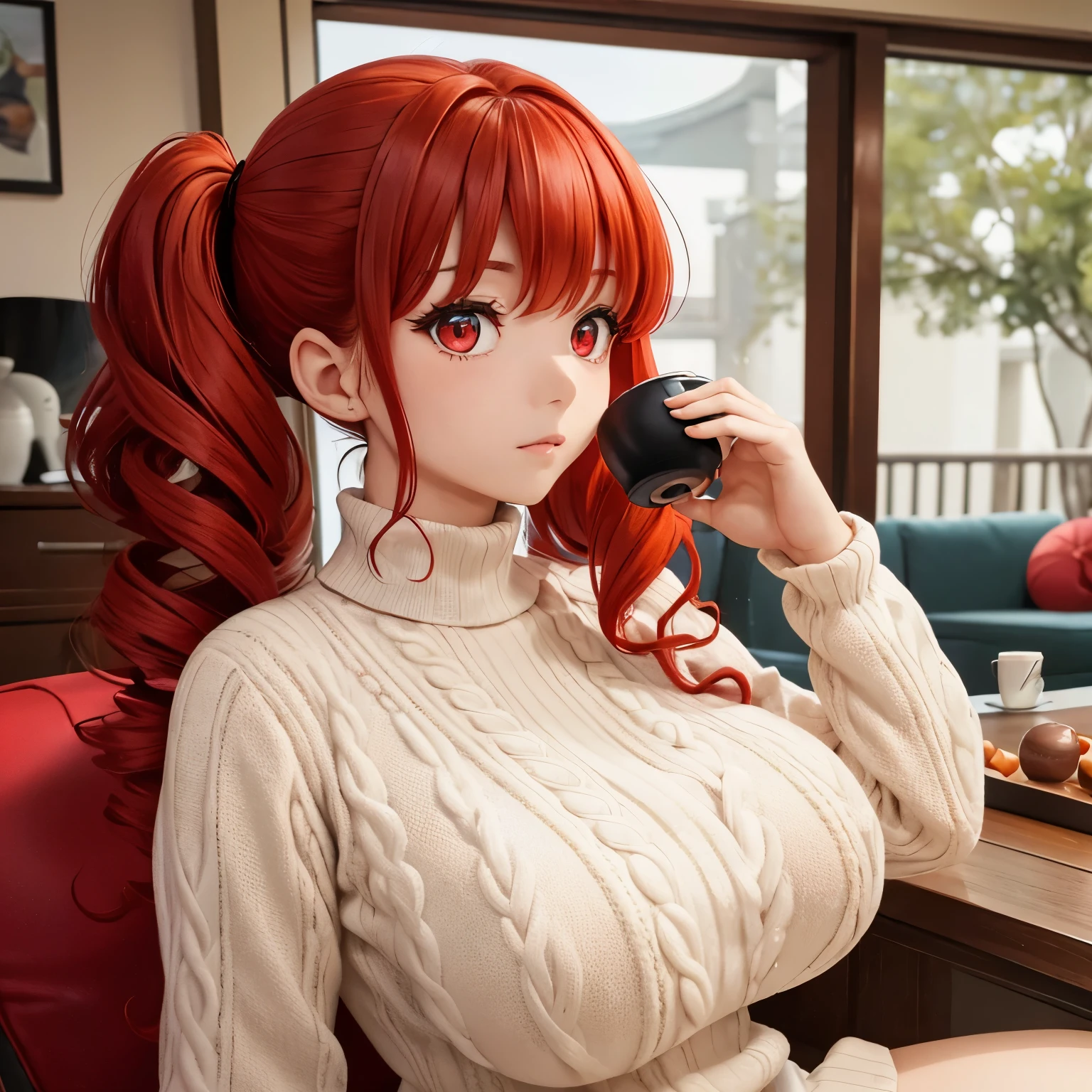  side-top twin tails、Red Curly Hair、bangs、 slim body、 very large breasts、 ball shaped breasts 、Red eyes、 red contact lenses、 hair between eyes、Red Hair、Kind Face、drill curls 、 beautiful Japanese woman、Five fingers、Real women、 plump body 、indoor、Woolen sweater、Sit at the living room table and drink a hot drink