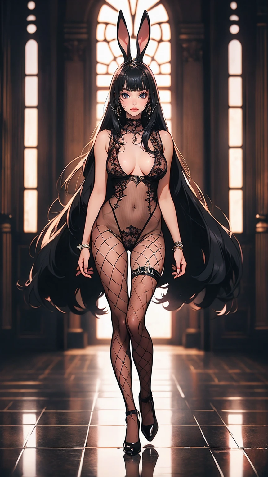 ( best quality:1.2)、(masterpiece:1.2), ( High Quality:1.2), Nipples、 see-through clothes, ((bodystocking:1.2)), (( bunny girl:1.2)), (Black straight long hair:1.3), squat、 open legs, ( Long Thin Legs , shoes:1.2), ( detailed face :1.3)、The whole face becomes red,  big, rich breasts , (Blunt Bangs:1.2),  side bust 、 underbust 、Walking through the mansion&#39;corridor、 Play、 simple background