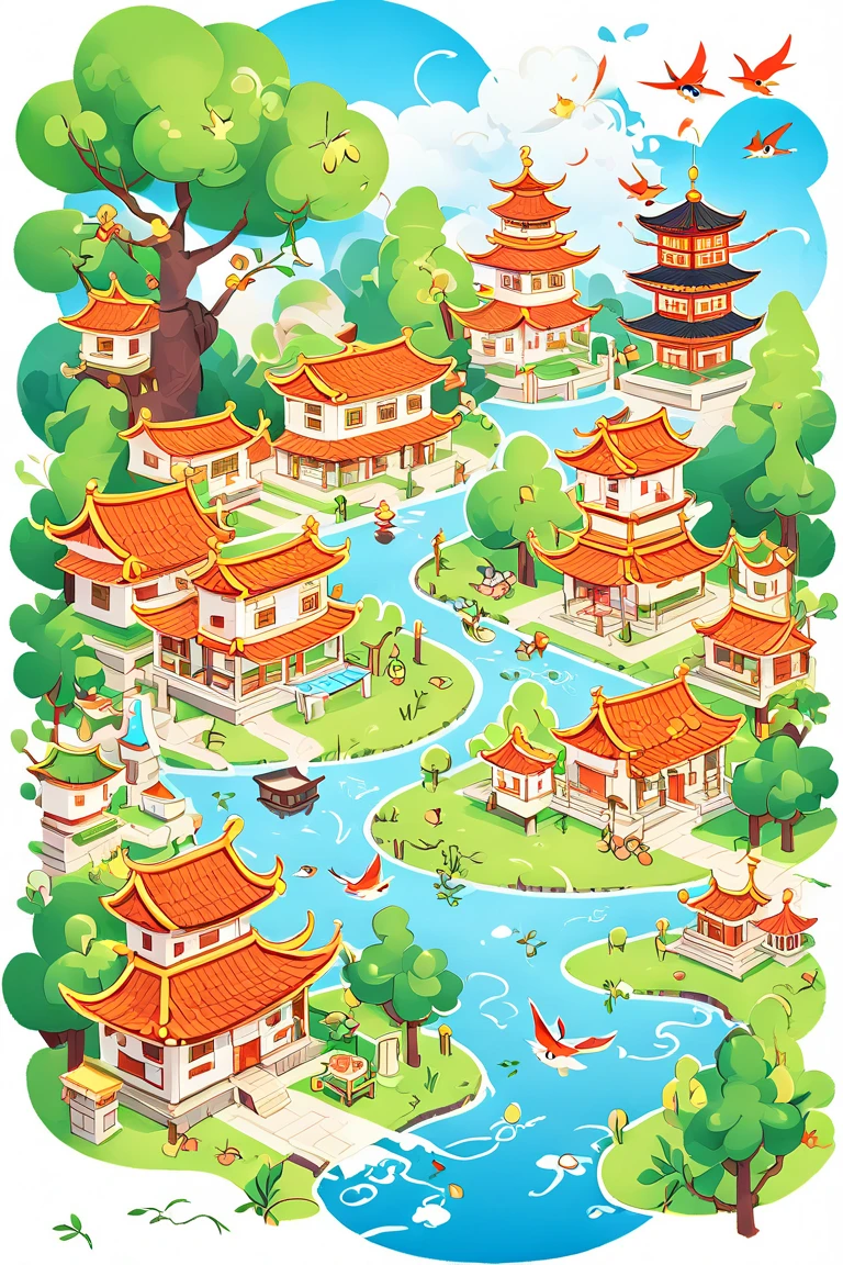 Chinese style, Chinese town， cute cartoon map, light colors, swallows, rivers, trees, ancient buildings, kite flyers