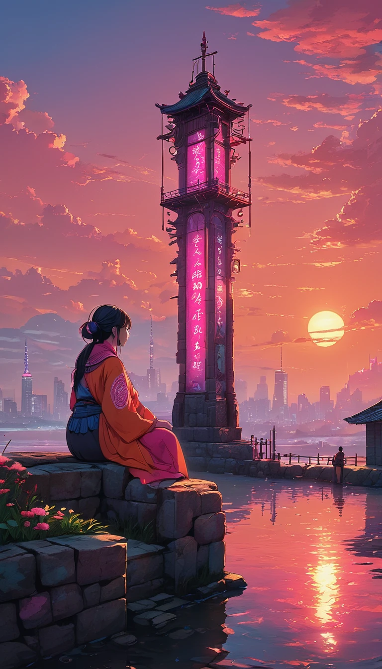 A woman is sitting on a stone wall by the ocean,
The sky is a vibrant orange and pink, with ,
The sun is setting in the distance, casting a warm glow on the water.
There is a tall pole with multiple signs on it, pointing in different directions.
The signs have illegible writing.
There is a city skyline in the background.
The scene is peaceful and serene, with a sense of contemplation.
The image is drawn in an anime style.