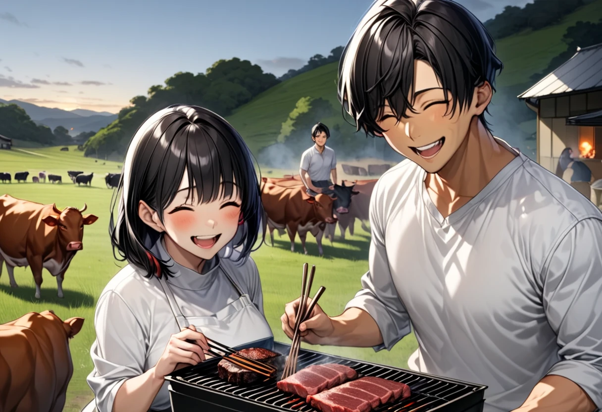  dark-haired young man in the countryside "Asuka"and dark-haired woman "Haruna" closes their eyes and eats yakiniku with a big smile , background:A herd of cows is looking at us with frightened eyes