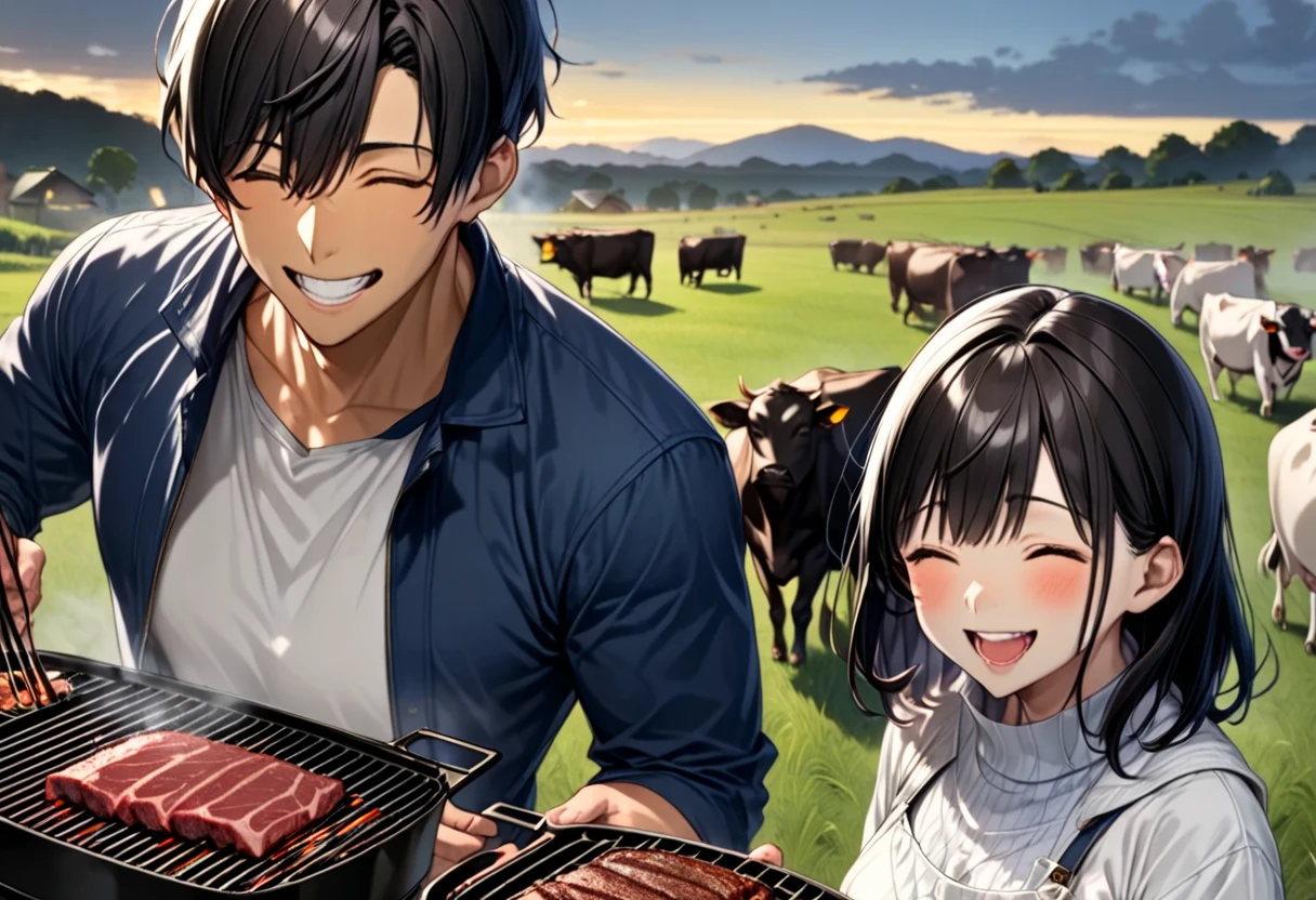  dark-haired young man in the countryside "Asuka"and dark-haired woman "Haruna" closes their eyes and eats yakiniku with a big smile , background:A herd of cows is looking at us with frightened eyes