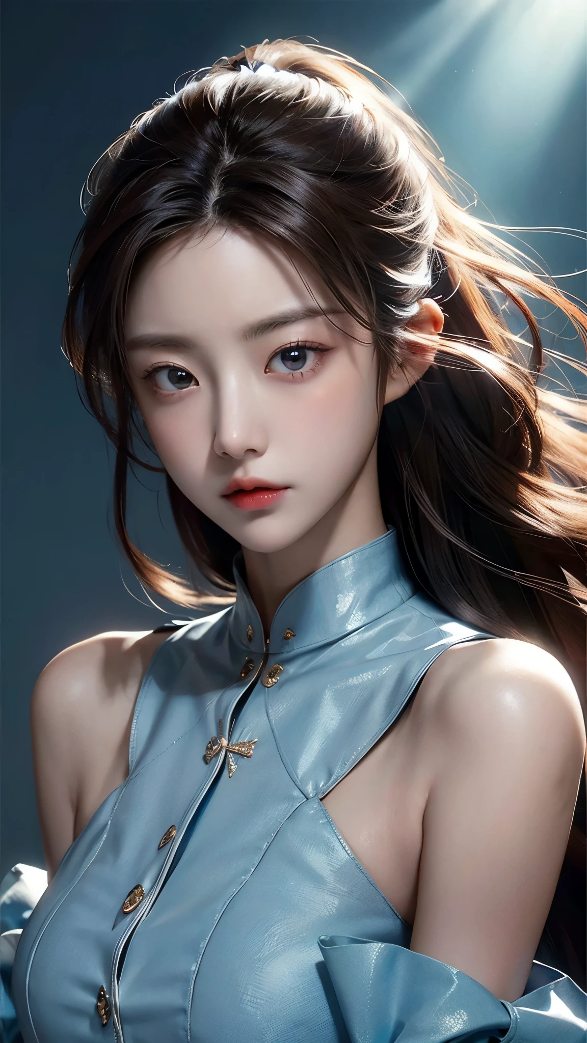 (masterpiece), ( top notch ), ( High Quality Details ), (illustration), (1 woman), is watching the audience, (Interview), Beautiful, detailed eyes , Hair length is random , Floating , (High saturation), (shining), blue sky, Bright and beautiful face, Her skin is young, radiant, , 공정하고 shining, Best appearance , Very beautiful, Big eyes shine with clear sky blue light, beautiful and amazing beautiful girl ,