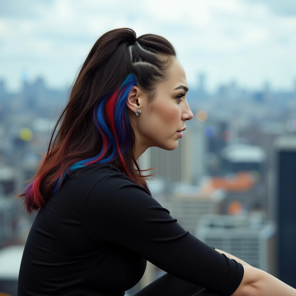 "An ultra-high-resolution, hyper-detailed, photorealistic portrait of, gldwx woman, Hairstyle: Cut: Asymmetrical style with one side shaved closely, creating an undercut look. The mediume hair on the opposite side flows naturally to about chin length. Texture: Sleek and smooth, with a slight natural wave , dark brown base, with red and blue highlights , The hair is parted to the meduime  side, emphasising the contrast with the shaved side. she is sitting on a payment,  her legs folded, overlooking cyberpunk cityscape, looking away from the camera, wide angle, side profile shot.
