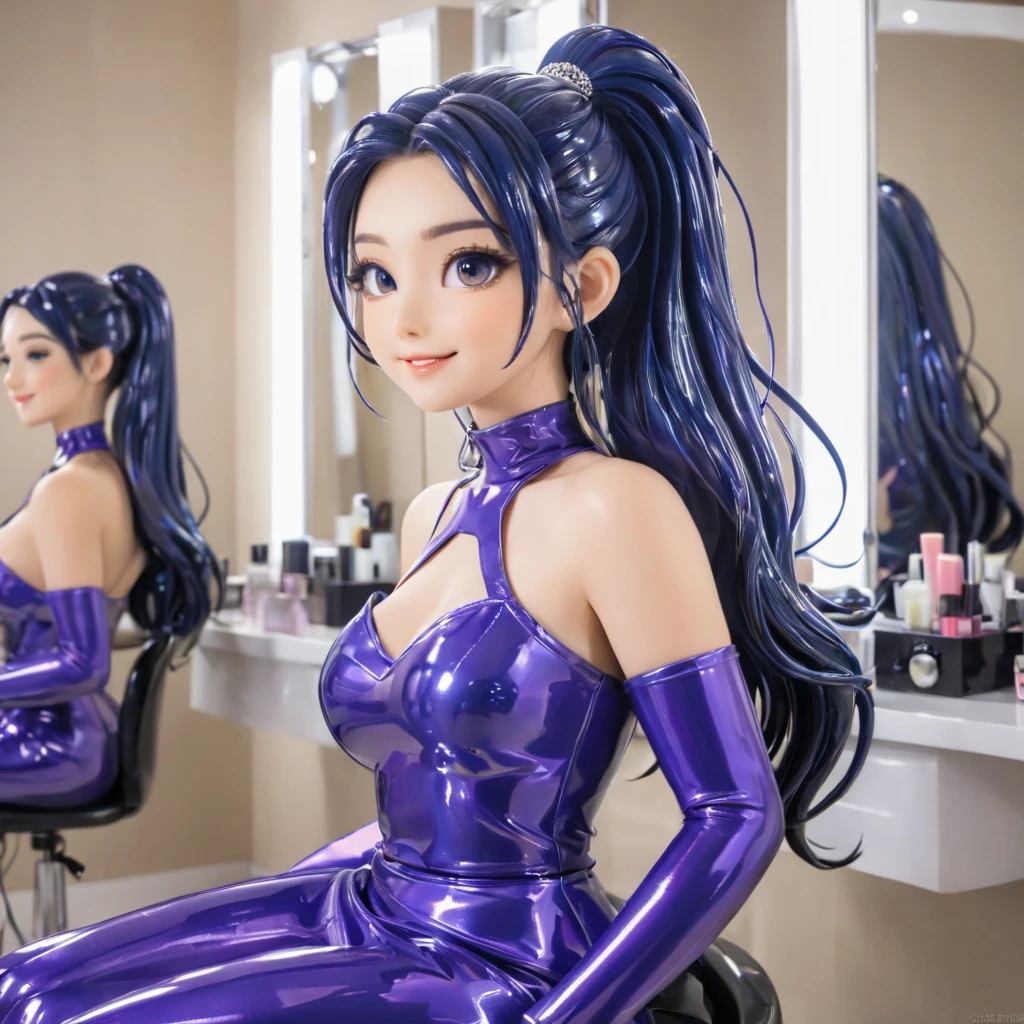  1 girl, In extremely tight shiny latex bridesmaids,smile, Lens reflection, Reflected light, Breasts, shiny hair, Are in the hair salon,Multicolored Eyes, Dark blue hair,  ponytail, 