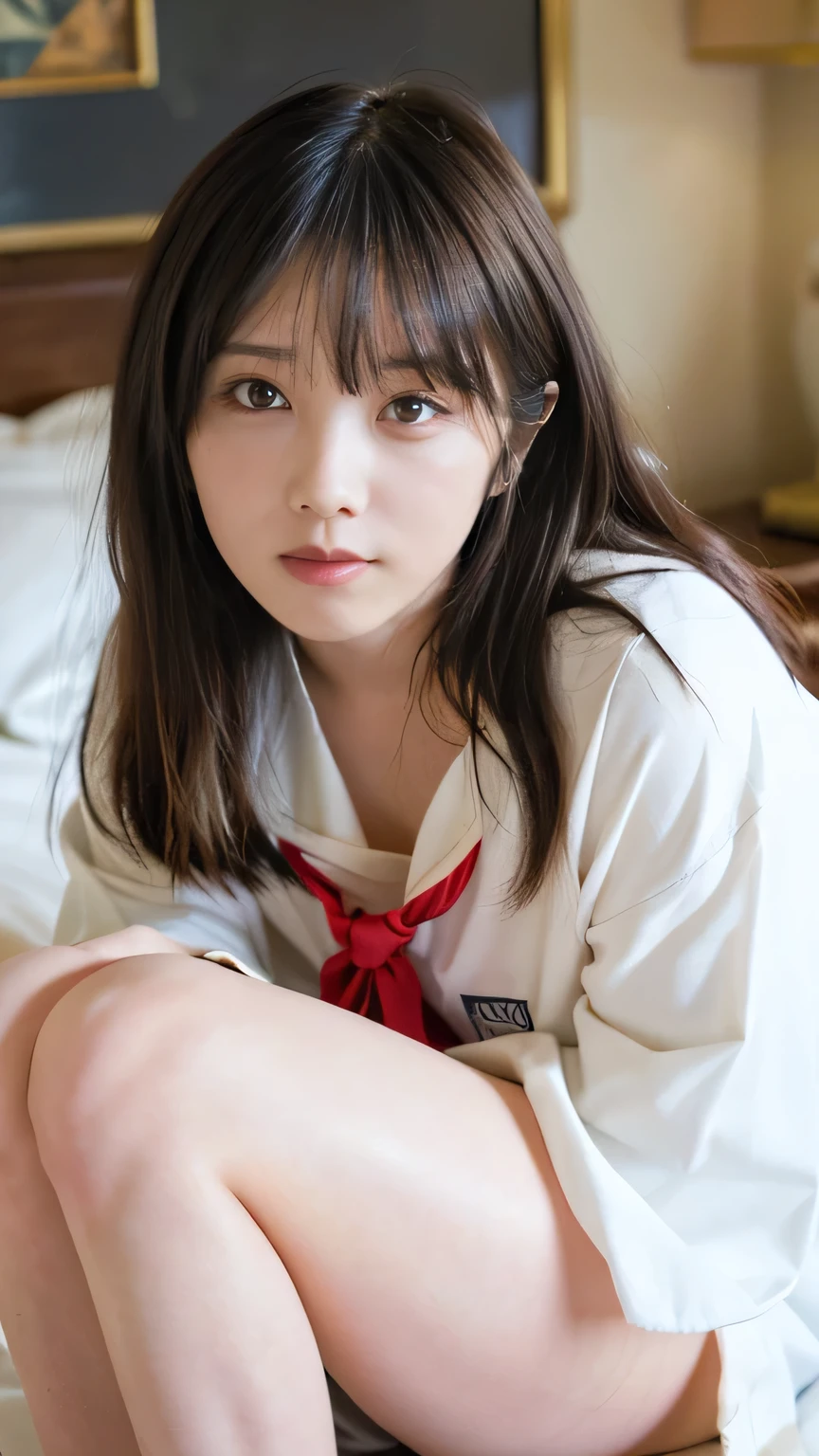 (( best quality、8k、 masterpiece 」:1.3))、Drawing a beautiful woman,、 girl、 strongly exposes Japanese high school uniforms 、 ( no underwear、pubic hair、 pussy)、 1 girl、 beautiful Japanese woman :1.3、 perfect style :1.4、 perfect eyes、 gentle eyes 、 full rainbow 、 Perfect Skin、 super detailed face 、 delicate eyes 、 in the Three Kingdoms period 、smile、Knees are clearly visible :1.35、smile、Long sleeve sailor suit、 ( legs), bedroom、 on the bed