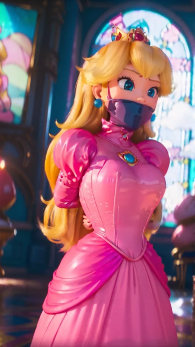 Princess Peach, solo, 1 girl, ((wearing a long hot pink dress)), huge breasts, upper body, masterpiece,8k, best quality, good hands,good eyes, pixarstyle, 1girl, solo, style,parody,3d,long hair, detail hair, blonde hair, maximum detail, intricate detail, extremely clear, beach, nsfw, smile, shy, blush, embaressed, ((long hair)), (tall girl), (solo, 1 girl), ((shibari, arms behind back : 1.4)) , ( full face otn gag mask), (full body view),((toes to head view)), ((complete body view photo)), ((standing)), Scared, (Skinny), view the viewer, ((shibari, bound arms, arms back behind:1.4)), ((tied in a wood pole)), ((wood pole)), ((tight full face latex mask)), (otn gag), gagged, (tight latex mask), (black mask), day light, ((she wears a gag neck corset))