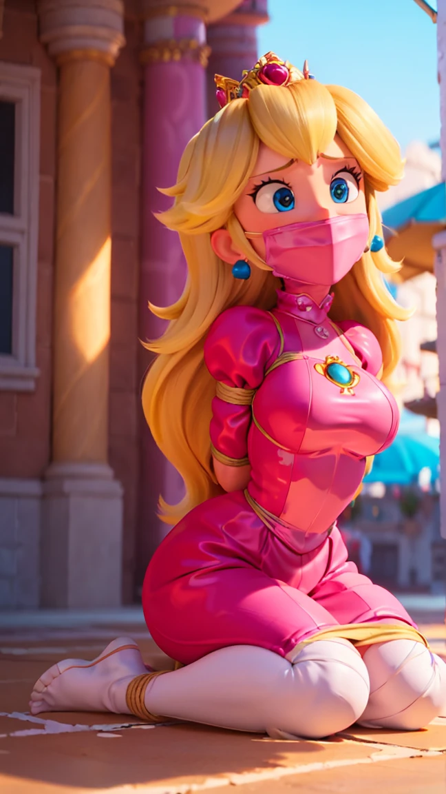 Princess Peach, (nsfw), (naked), huge breasts, upper body, masterpiece,8k, best quality, good hands,good eyes, pixarstyle, 1girl, solo, style,parody,3d,long hair, detail hair, blonde hair, maximum detail, intricate detail, extremely clear, beach, nsfw, smile, shy, blush, embaressed, ((long hair)), (tall girl), (solo, 1 girl), ((shibari, arms behind back: 1.4)) , ( full face otn gag mask), (full body view),((toes to head view)), ((complete body view photo)), ((standing)), Scared, (Skinny), view the viewer, ((shibari, bound arms, arms back behind:1.4)), tied in a wood pole, (underwater reef), ((tight full face latex mask)), (otn gag), gagged, (tight latex mask), (black mask), (neck corset)