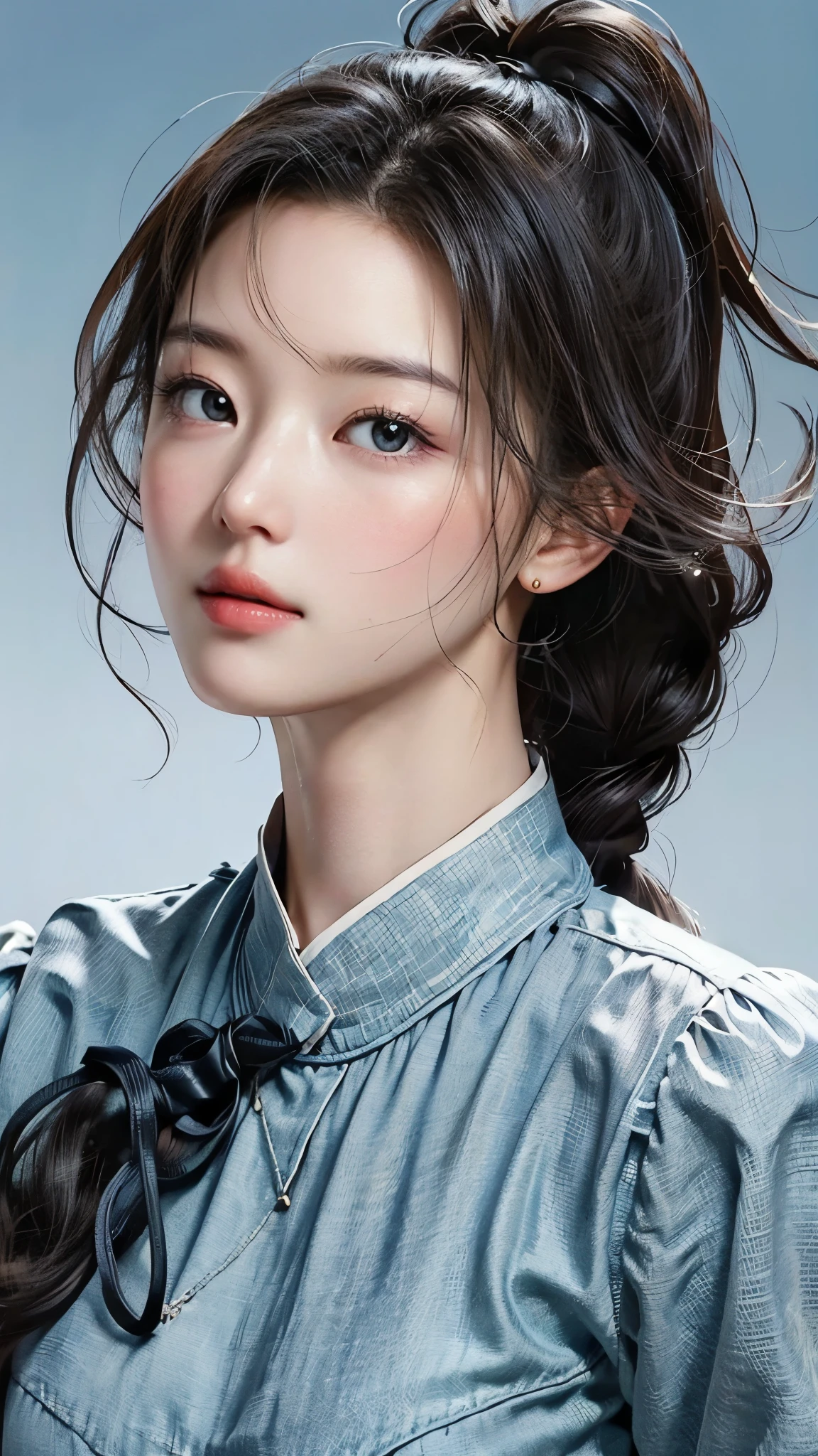 (masterpiece), ( top notch ), ( High Quality Details ), (illustration), (1 woman), is watching the audience, (Interview), Beautiful, detailed eyes , Hair length is random , Floating , (High saturation), (shining), blue sky, Bright and beautiful face, Her skin is young, radiant, , 공정하고 shining, Best appearance , Very beautiful, Big eyes shine with clear sky blue light, beautiful and amazing beautiful girl ,