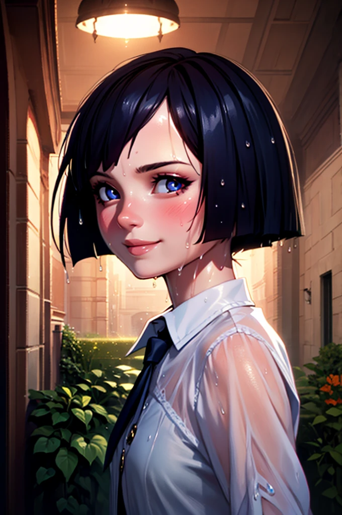 a girl in a garden, shy smile, masterpiece, mischievous atmosphere, cute smile, slightly small face, short bob hair wet with sweat, tomboy, shiny skin wet with sweat, extremely detailed face and eyes, beautiful detailed eyes, beautiful detailed lips, longeyelashes, 1girl, digital painting, hyperrealistic, 8k, photorealistic, ultra-detailed, masterpiece, vibrant colors, dramatic lighting, moody, intricate details, delicate, elegant