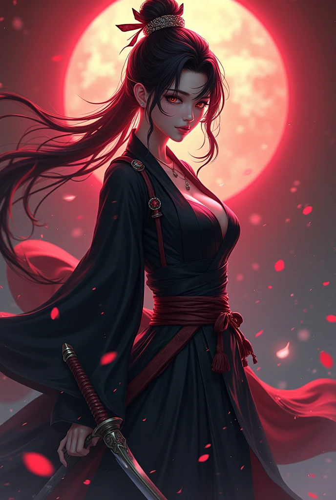 (masterpiece), ((top-quality)), (ultra-detailliert), ((extremely delicate and beautiful)),the Extremely Detailed CG Unity 8K Wallpapers,细致背景,Depth Field,colourfull,、Beautiful detailed sky、natta、(Circumferential flow)、Pale full moon background、Stand on a calm lake,Woman showing her back,Red see-through robes fluttering in the wind,Drift Ray Tracing,Lights to plug in,Lonely look,Red highlights for black hair,sharp eye,Red Eyes,Long straight hair,Long hair fluttering in the wind,slim and muscular,Delicately expresses realistic skin texture,Cover the body with spiral luminescence,Firefly luminescence,Close-up of facial expressions